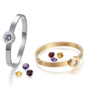 Stainless Steel Bangle, changeable Rhinestone Round W Roman Numerals Silver Gold